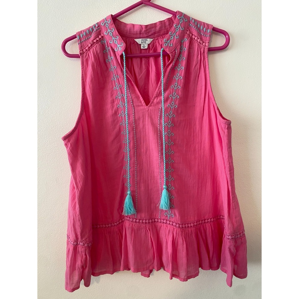 Crown & Ivy Pink Sleeveless Flowy Lined Top Women size L 100% cotton Artsy BOHO